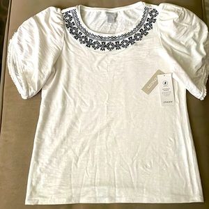 New W/ tags!  White t-shirt blouse with navy blue embroidered neckline